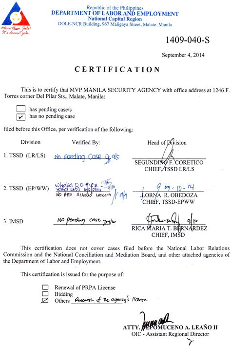 dole license verification|Verification of Training Certificate .